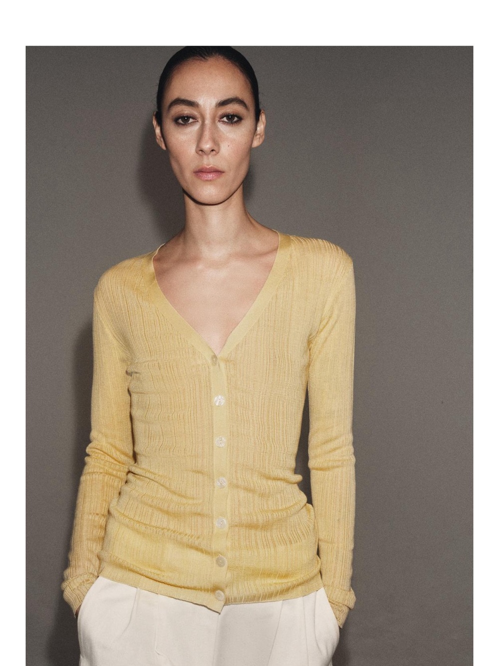 Zara Light Yellow V-Neck Button Cardigan Sweater - Women